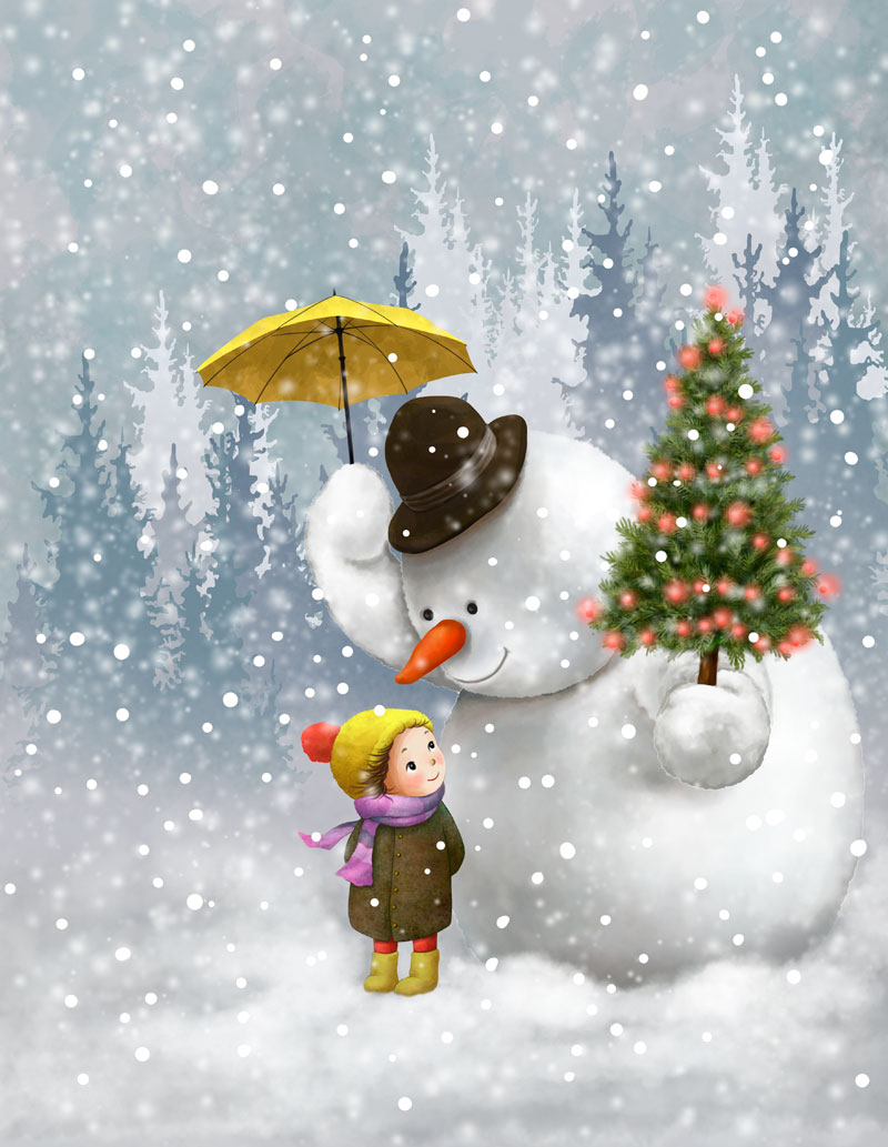 圣诞节下雪天的小女孩与雪人ps插画素材