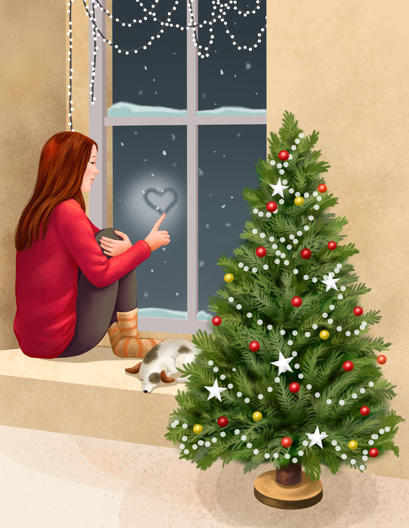 在圣诞节平安夜思念的女孩在玻璃窗上画心