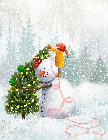 圣诞节雪中的小女孩和雪人ps插画素材
