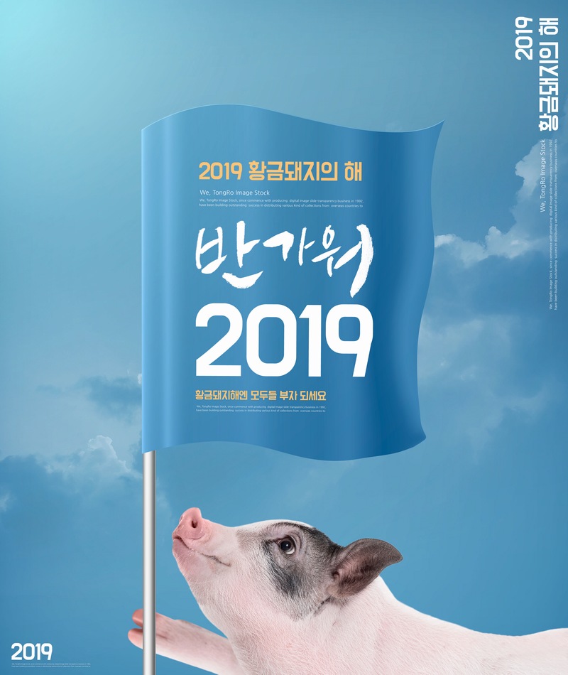 2019猪年可爱小猪举旗海报ps模板素材