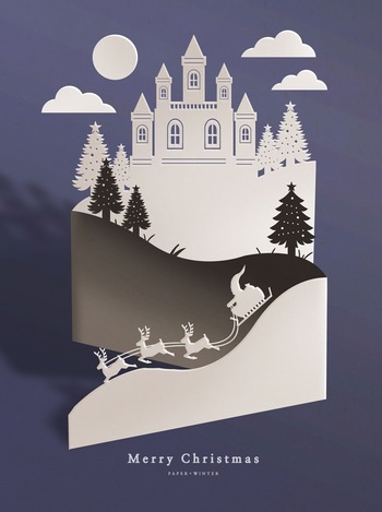 圣诞节冬季圣诞老人城堡剪纸贺卡ps素材