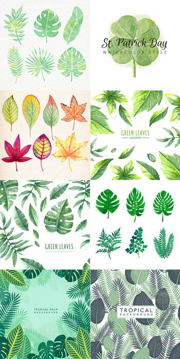手繪樹葉植物水彩畫矢量圖合集
