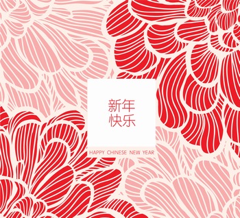 手绘版画风格的大红花新年矢量背景图案