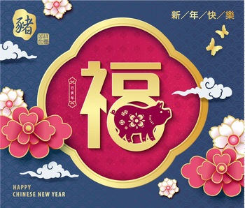 2019猪年春节福字花纹装饰海报矢量图案素材