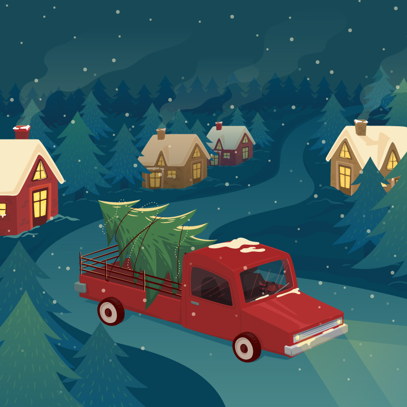 圣诞夜运送圣诞树的卡车矢量插图