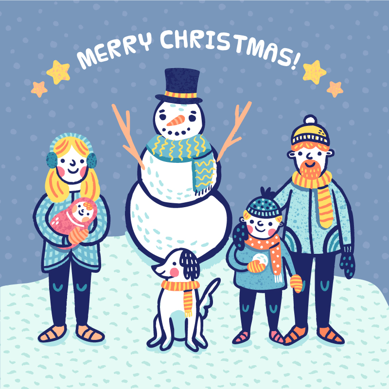 手绘圣诞节一家人堆雪人的矢量插图