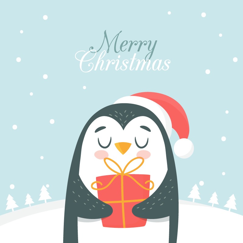 抱着圣诞礼物的可爱小企鹅矢量插图