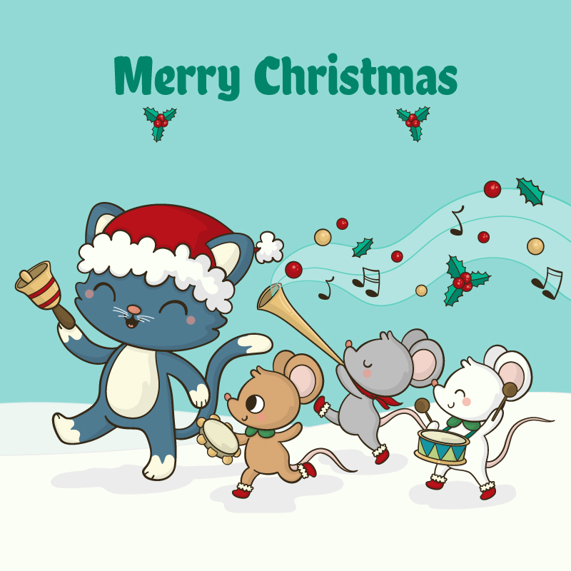 圣诞节小猫和老鼠一起欢快奏乐的矢量图