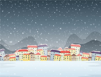 下雪天小城镇小房子群落的插图场景