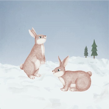 雪地里的两只兔子手绘矢量插图