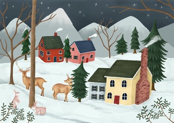冬季圣诞夜村子里安静祥和的夜晚雪景