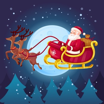 圣诞老人穿梭在圣诞节的雪月夜空中矢量插