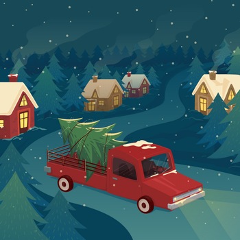 圣诞夜运送圣诞树的卡车矢量插图