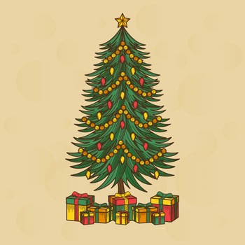 手绘挂着彩灯的圣诞树矢量插图素材