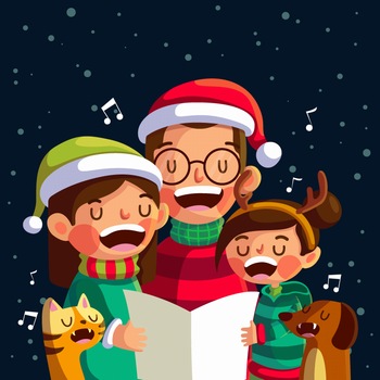 一家人在圣诞夜歌唱朗诵的矢量插图
