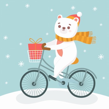 骑自行车的可爱白色小熊矢量插图