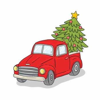 运输圣诞树的红色卡车手绘矢量图片