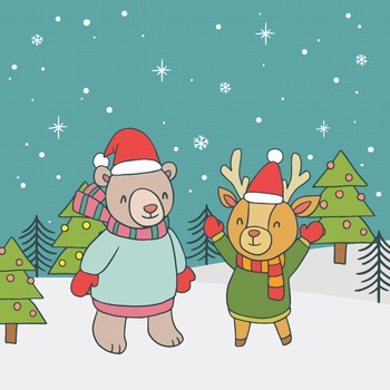 圣诞节快乐的小熊和小鹿在雪地里玩耍