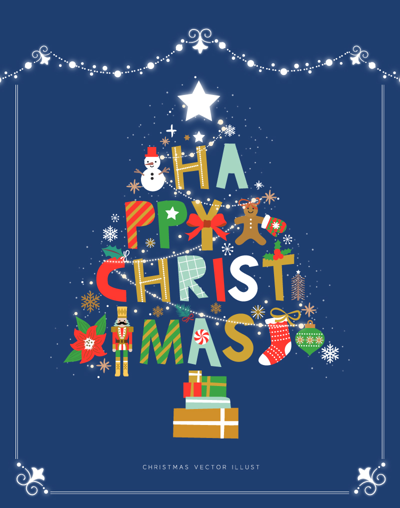 圣诞节插画创意字母礼物圣诞树矢量插图素材