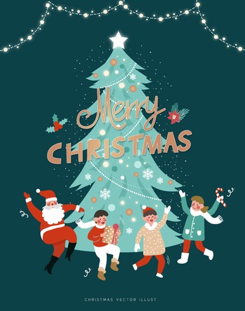 圣诞节插画围着圣诞树跳舞矢量插图素材