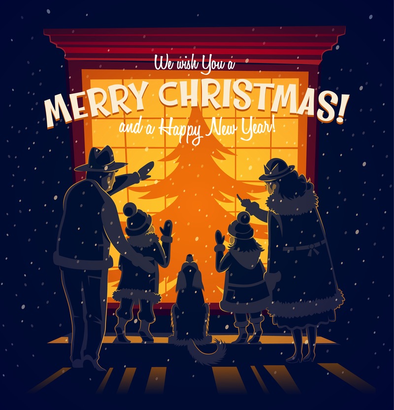 圣诞节一家人圣诞树暖光矢量插画素材