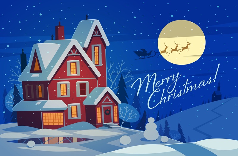 圣诞节平安夜宁静的村子房屋雪景矢量插图