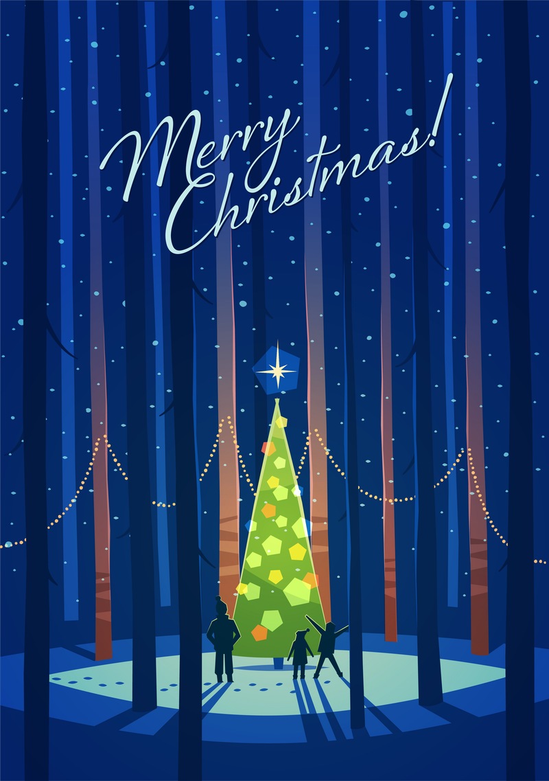 树林里一颗挂满彩灯的圣诞树矢量图片