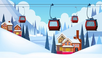 滑雪场上的缆车场景矢量插画素材