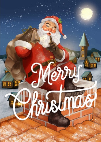 手绘插画平安夜里屋顶烟囱上的圣诞老人