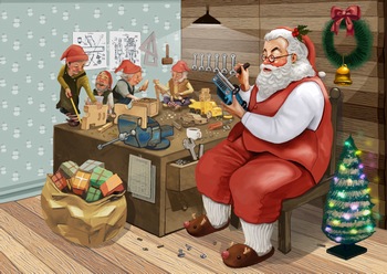 圣诞老人与小矮人们在一起的手绘矢量插画素材