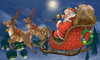 平安夜里赶着麋鹿雪橇车的圣诞老人去送礼