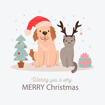 圣诞节小猫和小狗矢量卡通插图素材