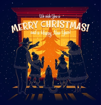 圣诞节一家人圣诞树暖光矢量插画素材