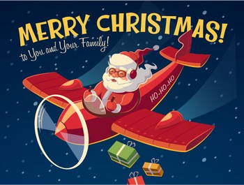 平安夜开飞机送礼物的圣诞老人矢量插图