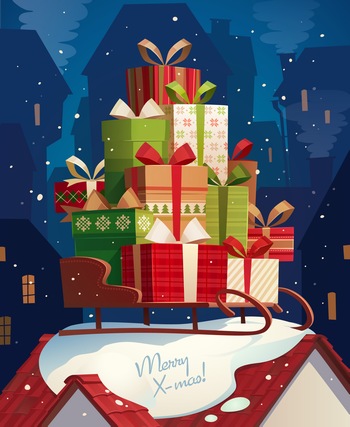 雪橇车上堆满了圣诞节礼物礼盒矢量图