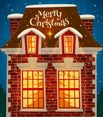 圣诞节平安夜亮着暖色灯光的卡通插画房子