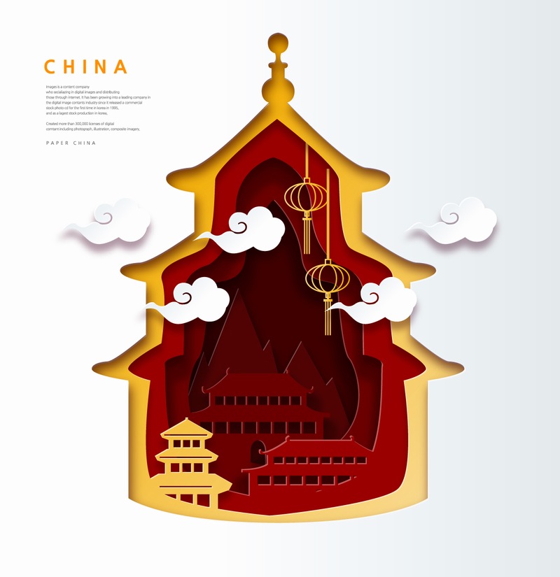 创意中国传统建筑宫殿剪纸矢量图素材