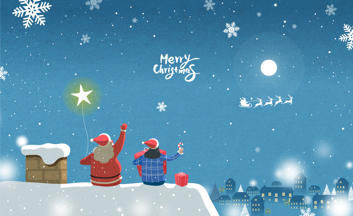 手绘圣诞节屋顶圣诞老人童话矢量插图插画