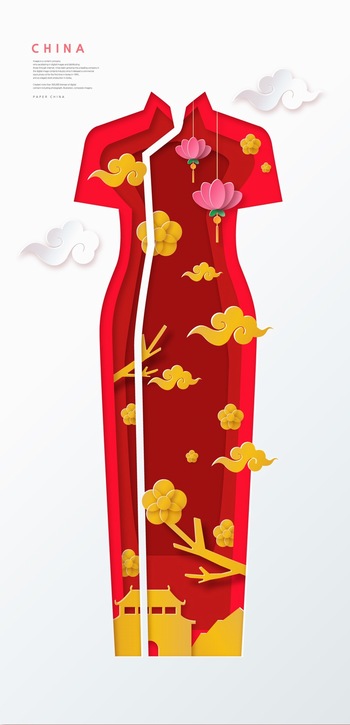 创意中式传统旗袍服饰剪纸矢量图素材