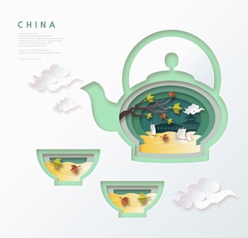 创意中国风茶壶茶碗剪纸风格矢量图素材