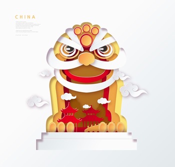 创意中国风石狮子剪纸风格矢量图素材
