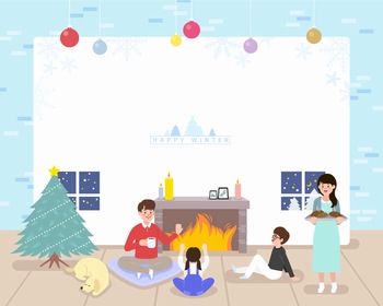 手绘圣诞节在壁炉旁的一家人矢量插图素材