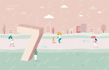 唯美手绘下雨风景7月份日历插画矢量素材图片