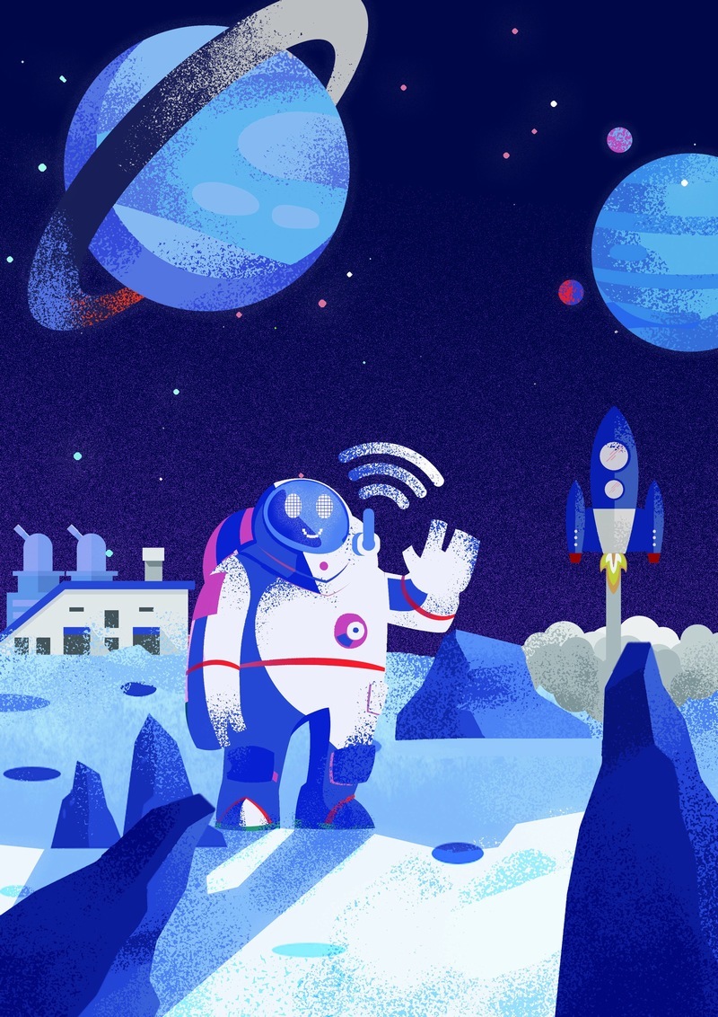 机器人登陆外星球进行科学勘测的ps科幻插画素材