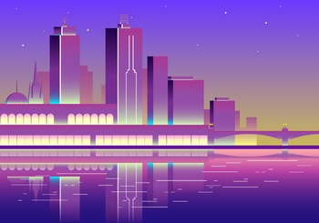 紫色夜幕下江对面的都市夜景矢量插图