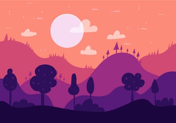 黄昏夕阳下紫红色的山野矢量插图