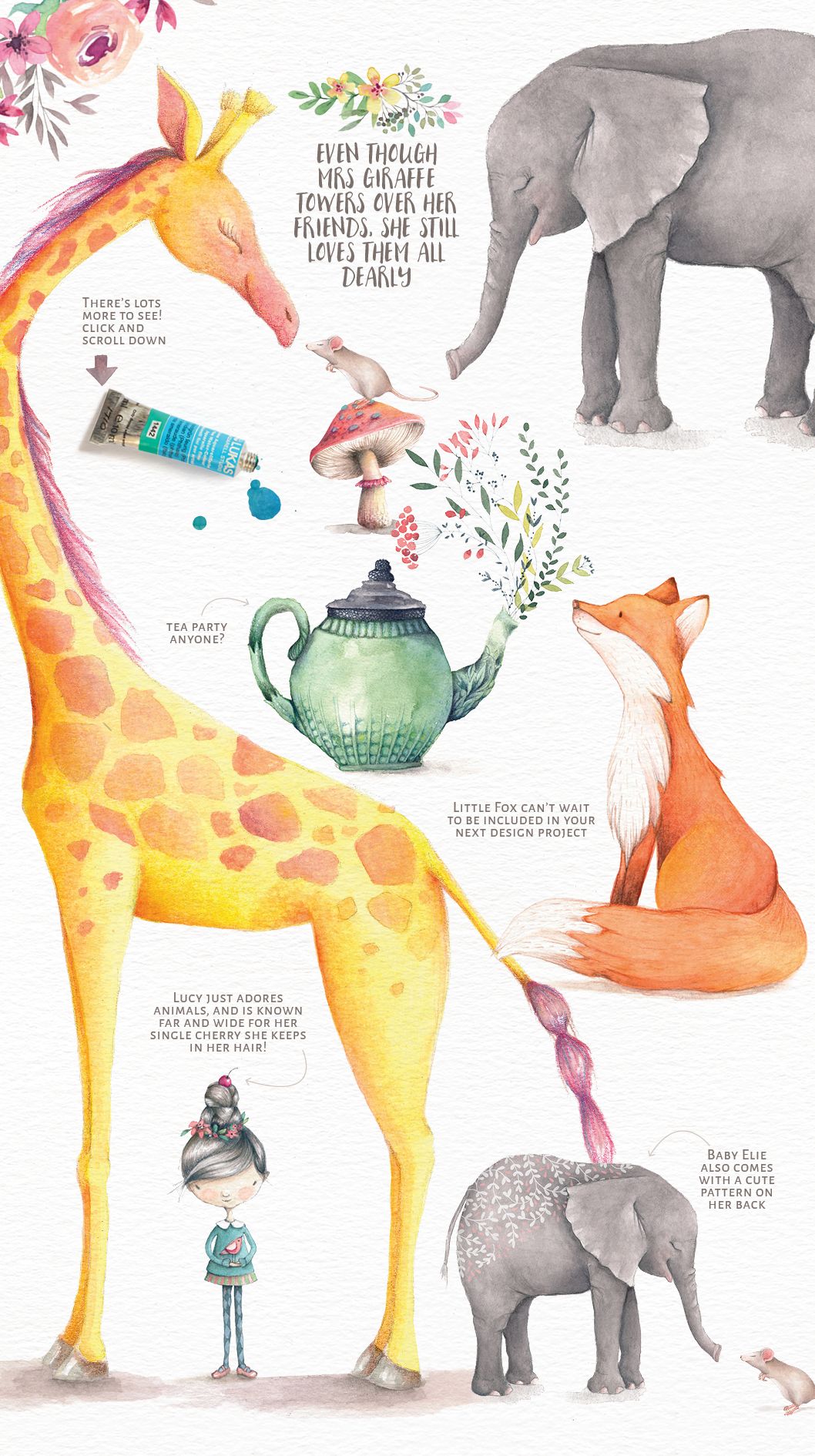 手绘大象长颈鹿动物水彩画ps图案背景素材