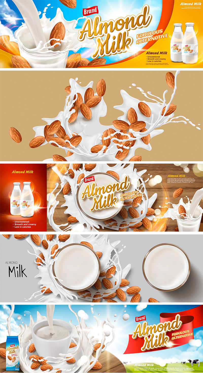 杏仁牛奶早餐奶花广告矢量图素材