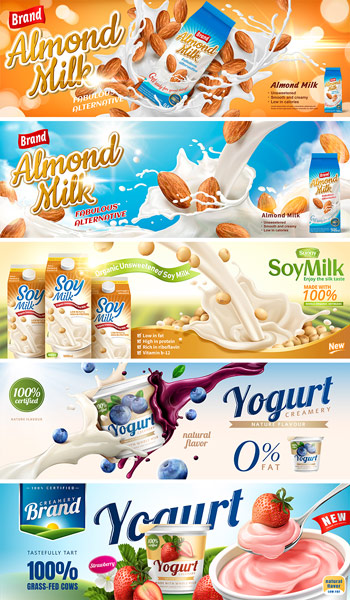 杏仁牛奶豆奶廣告海報矢量圖素材