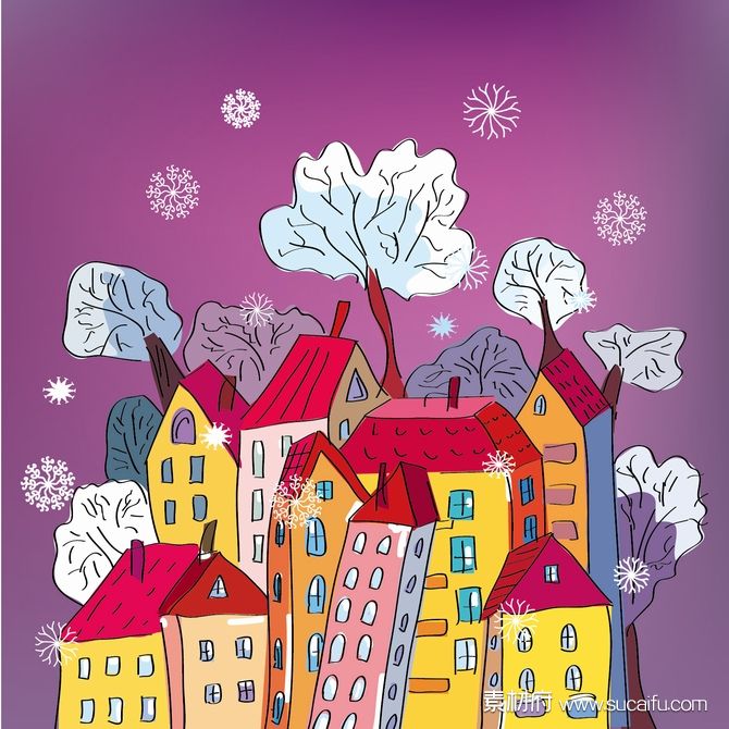 手绘儿童插画冬季房屋楼群